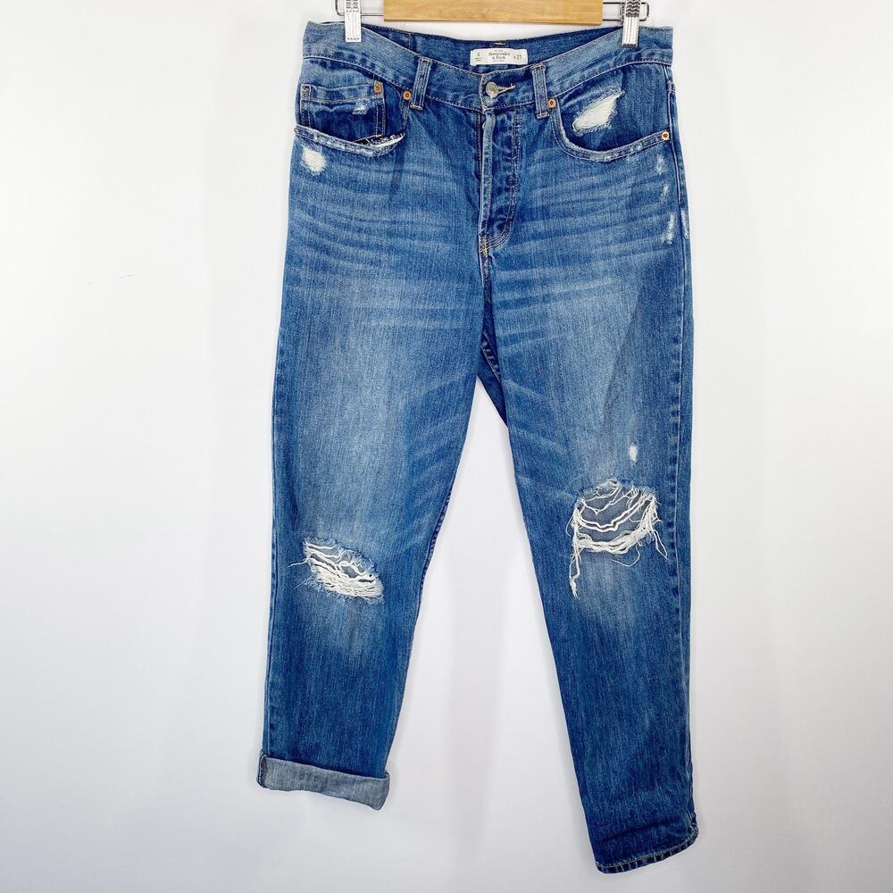 Abercrombie Dark Wash Distressed Button Fly Mom Denim Jeans Womens Size 4/27